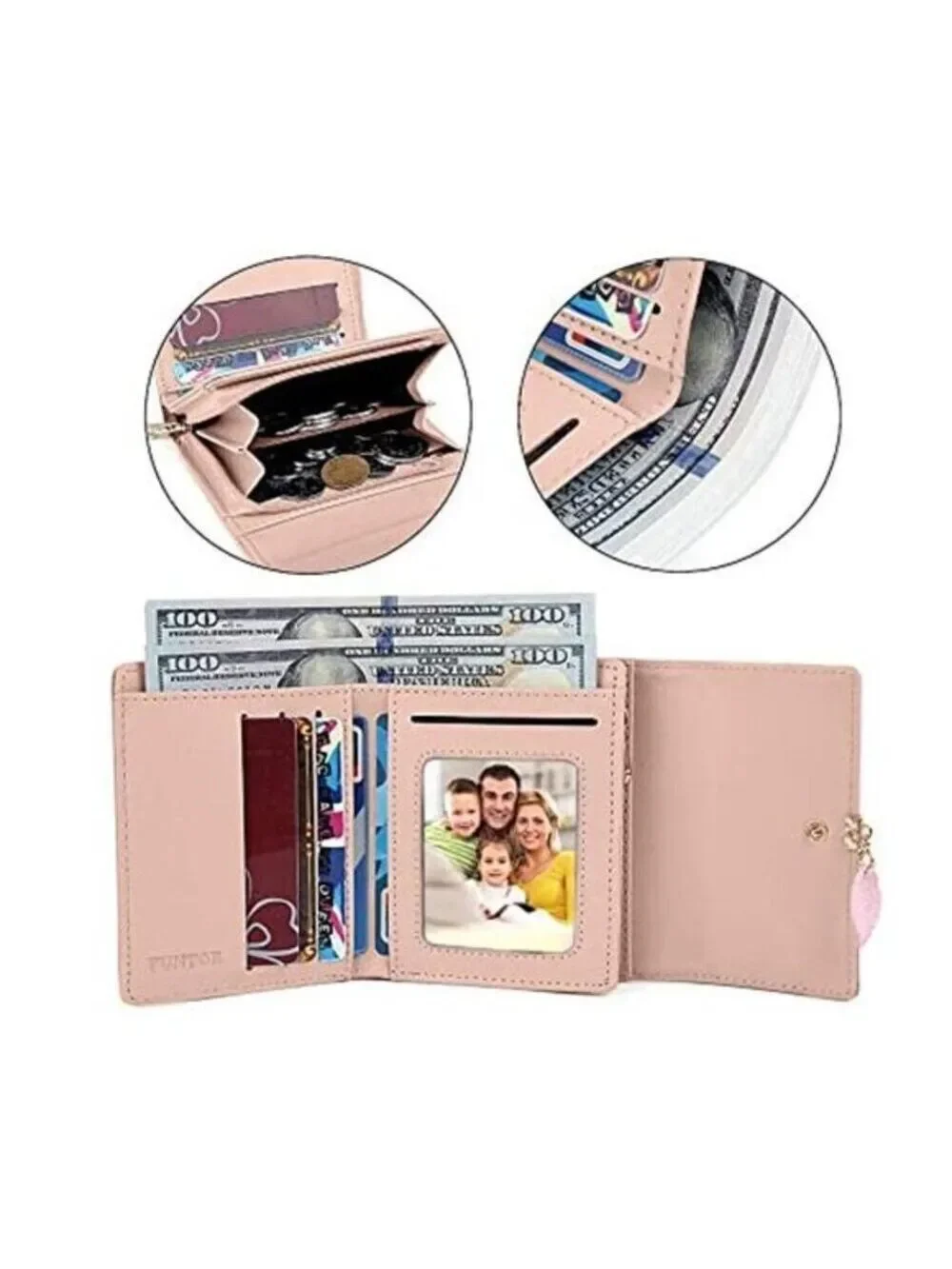 RFID Purple Wallet Leaf Card Holder Trifold Ladies Wallet with Zipper Pocket